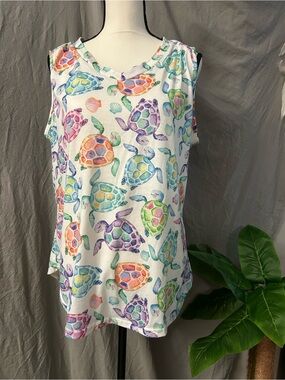 Sleeveless Sea Turtle Print Tank Top in White with Multi-Color Turtles
